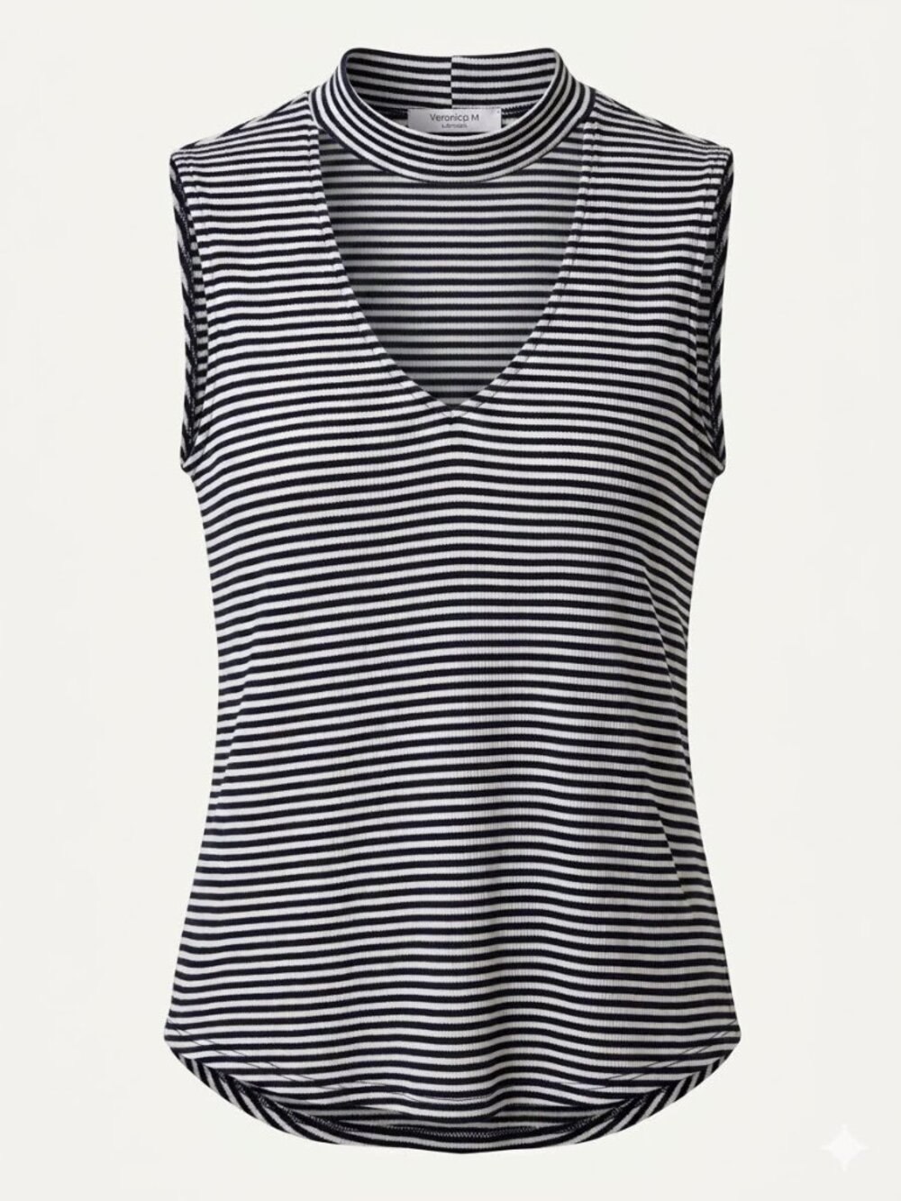 Veronica M Navy White Striped V-neck Choker Sleeveless Top 3784